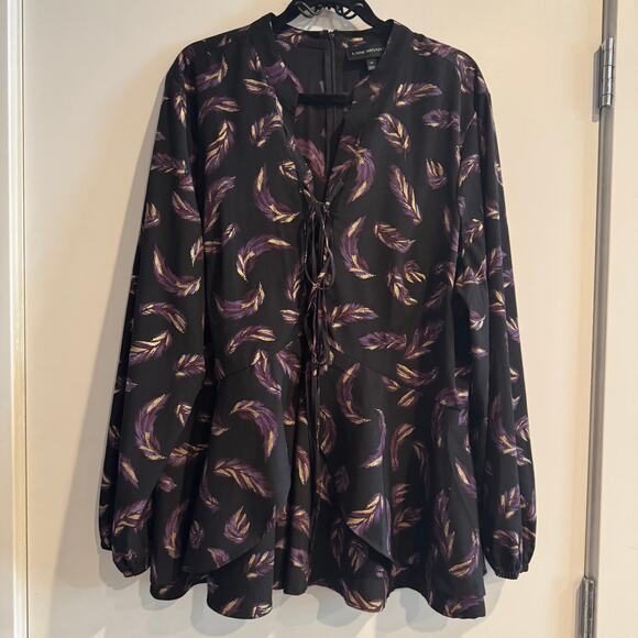 Lane Bryant Peplum Top Black Purple Feather Back Zip Lace Up Long Sleeve Sz 22 - Picture 1 of 6